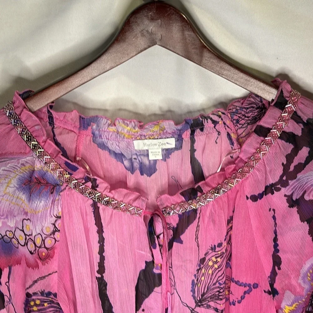 Harlow Zee Boho Beaded Pink Floral Top Blouse Small